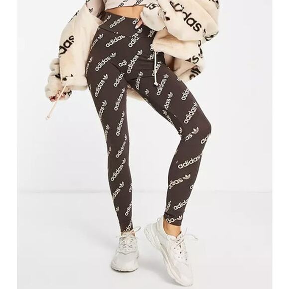 Adidas Originals Logomania Repeat Logo Monogram Leggings Tights in Brown Pants - Picture 1 of 11